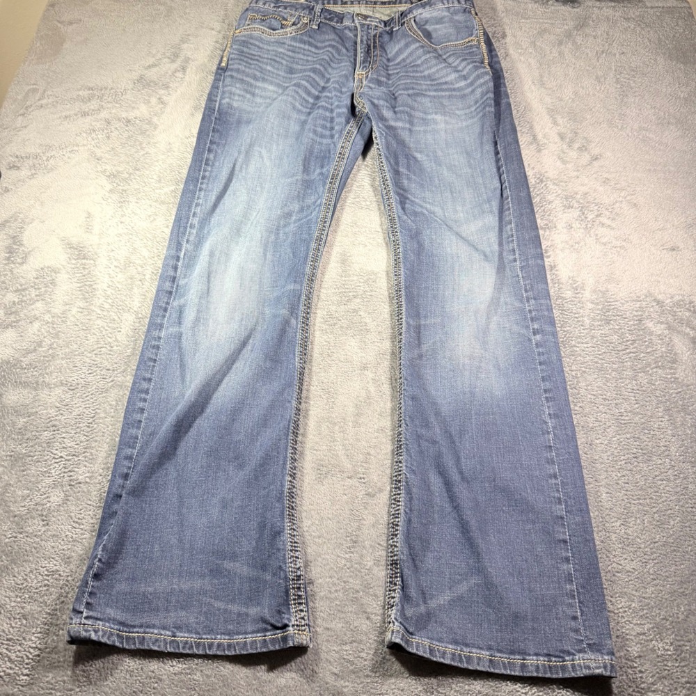 BKE Tyler Mens Medium Wash Straight Leg Denim Jeans 34L Blue Contrast Stitch